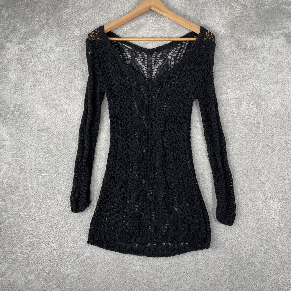 Bebe Sweater Womens Small Black Y2K Open Knit Crochet Sheer Boho Long Sleeve